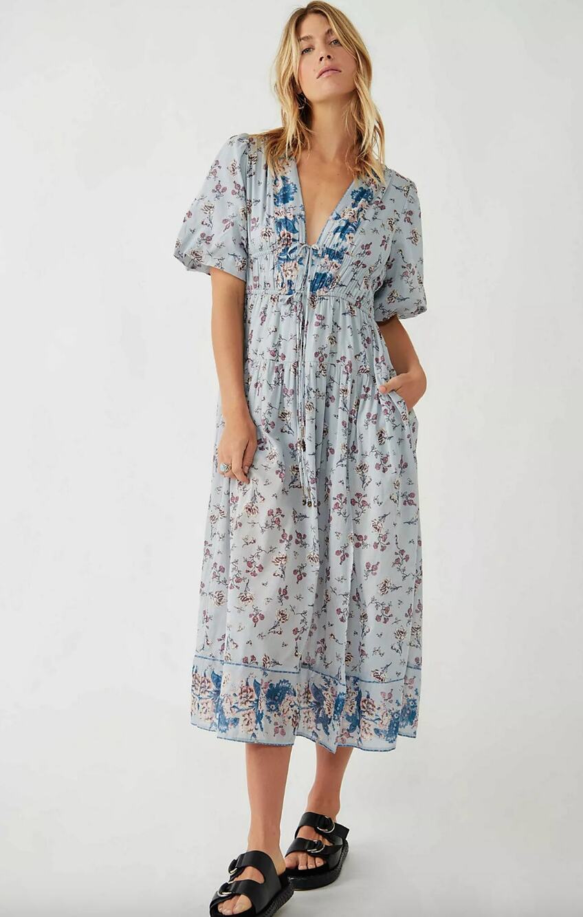 Free People Lysette Maxi Dress Floral Boho Cottage Romantic Fairy Blue Small